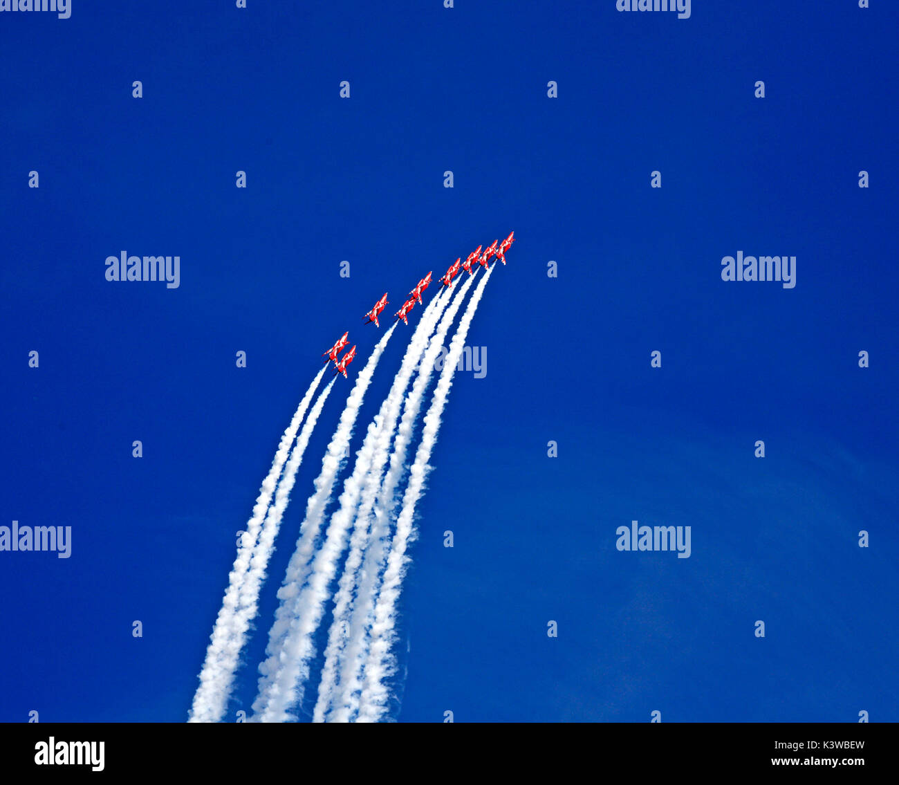 The Red Arrows Royal Air Force Aerobatic Team arriving at Norwich Airport after displaying at Clacton Air Show. Stock Photo