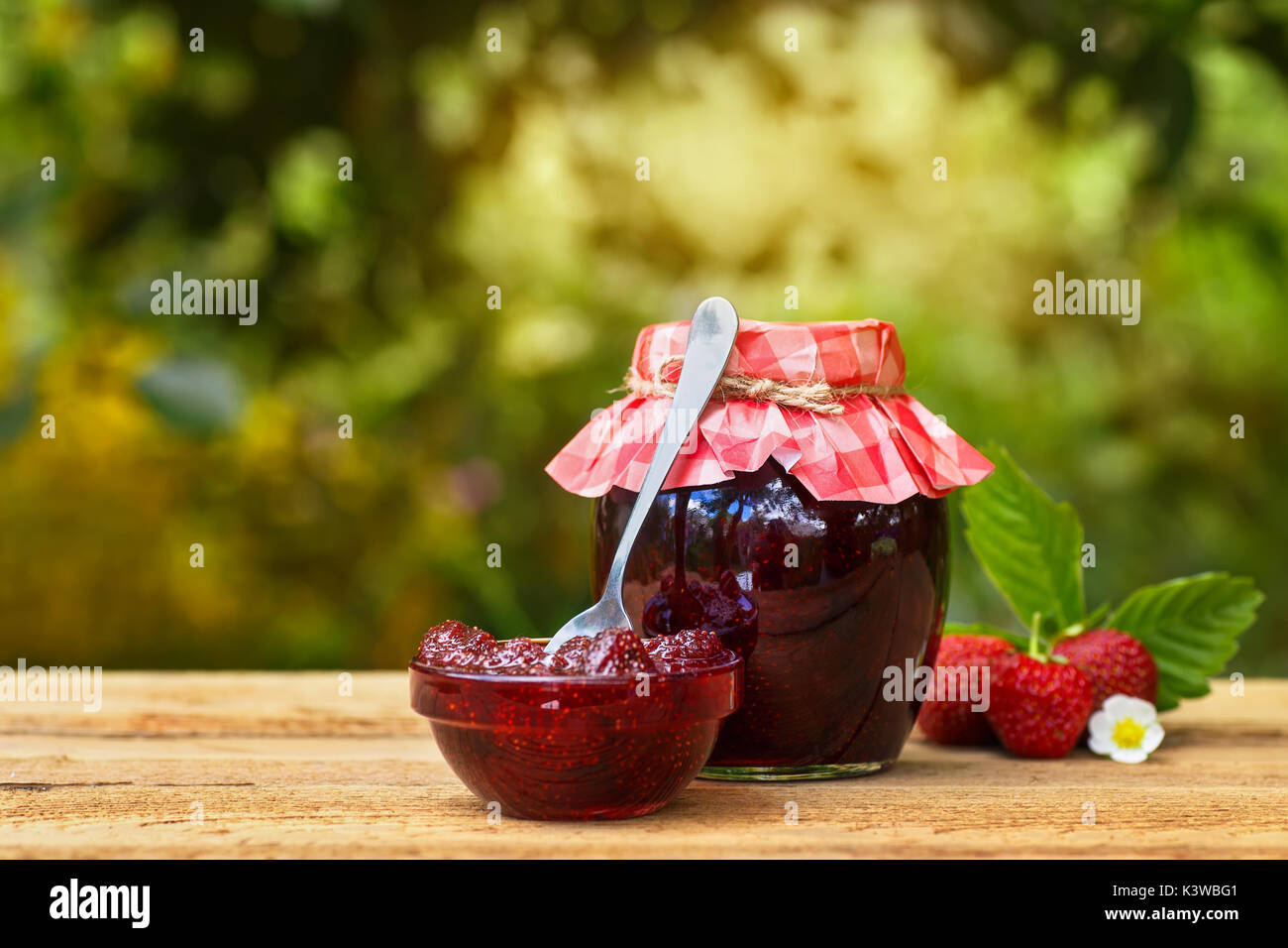 strawberry jam on table outdoor Stock Photo