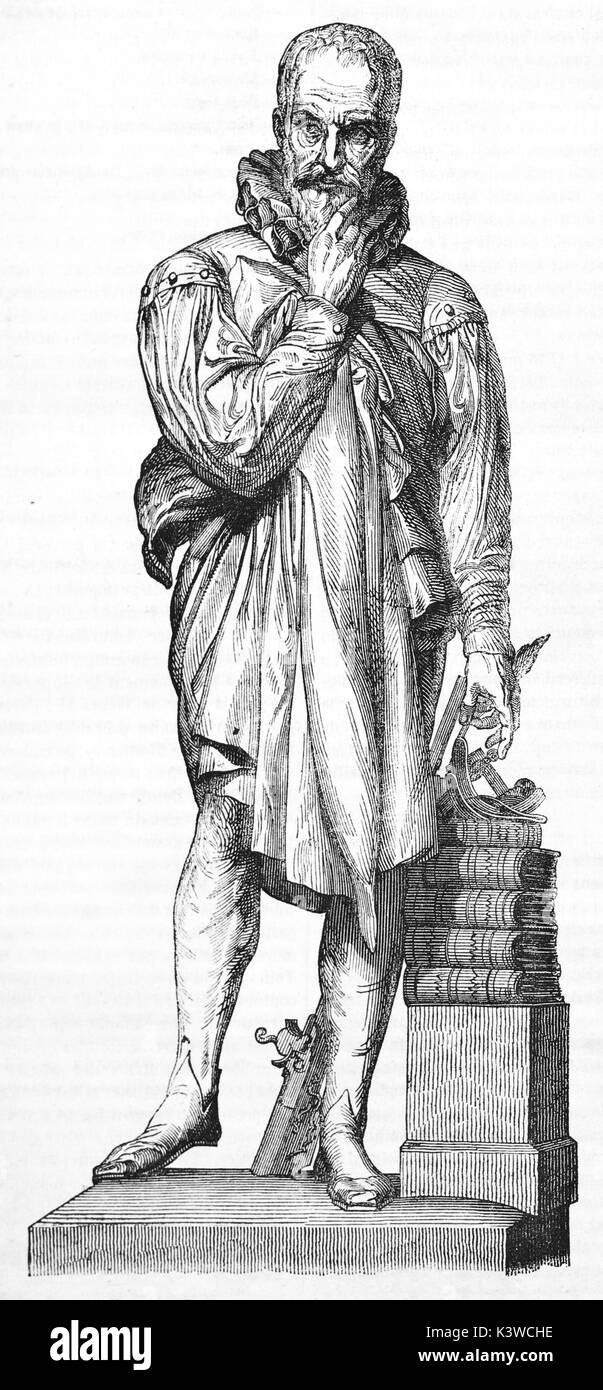 Ambroise Paré bronze statue old illustration (French barber surgeon). Created by Cabasson after sculpture of d'Angers, published on Magasin Pittoresque, Paris, 1841. Stock Photo