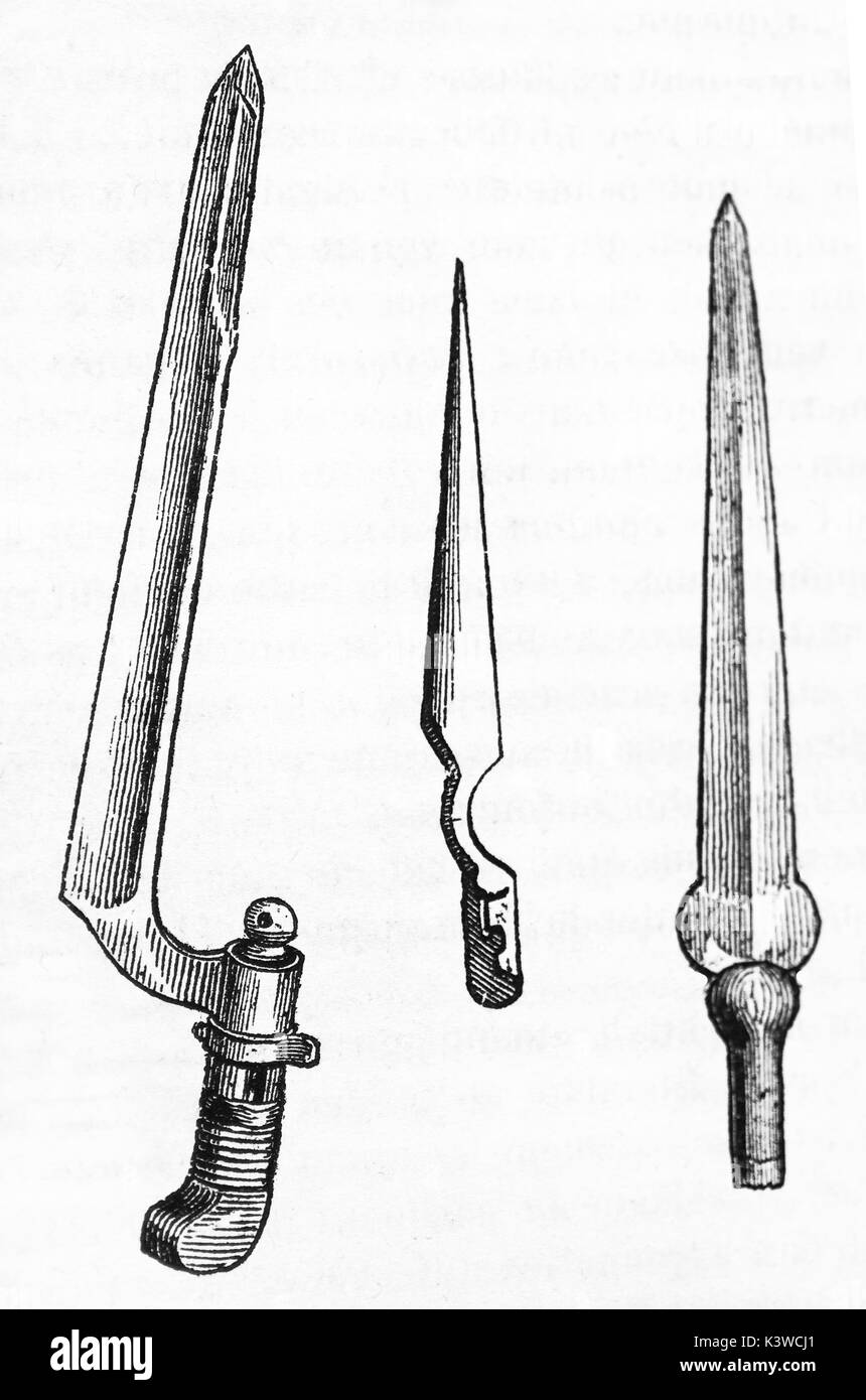 Old illustration of three bayonets. By unidentified author, published on Magasin Pittoresque, Paris, 1841 Stock Photo