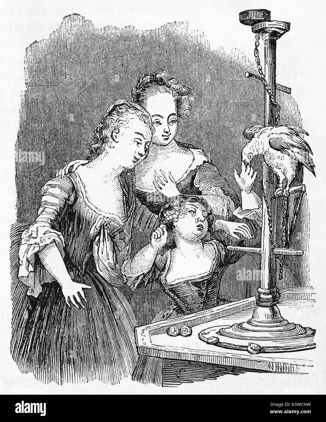 Old illustration of girls and parrot. Created by Watteau, published on Magasin Pittoresque, Paris, 1841 Stock Photo
