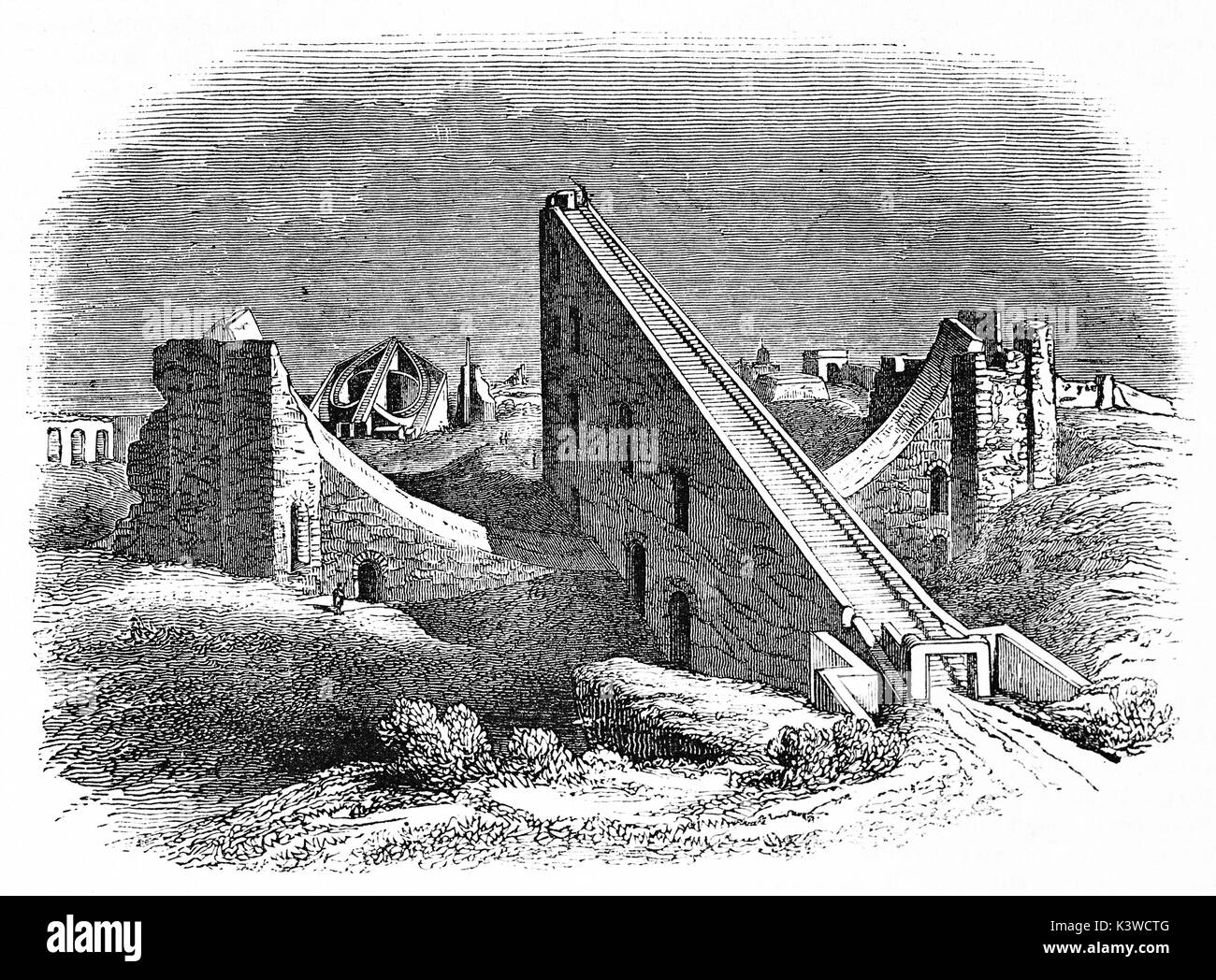 Old illustration of Jantar Mantar, astronomic observatory in New Dheli, built by Maharaja Jay Singh II of Jaipur. By unidentified author, published on Magasin Pittoresque, Paris, 1841 Stock Photo