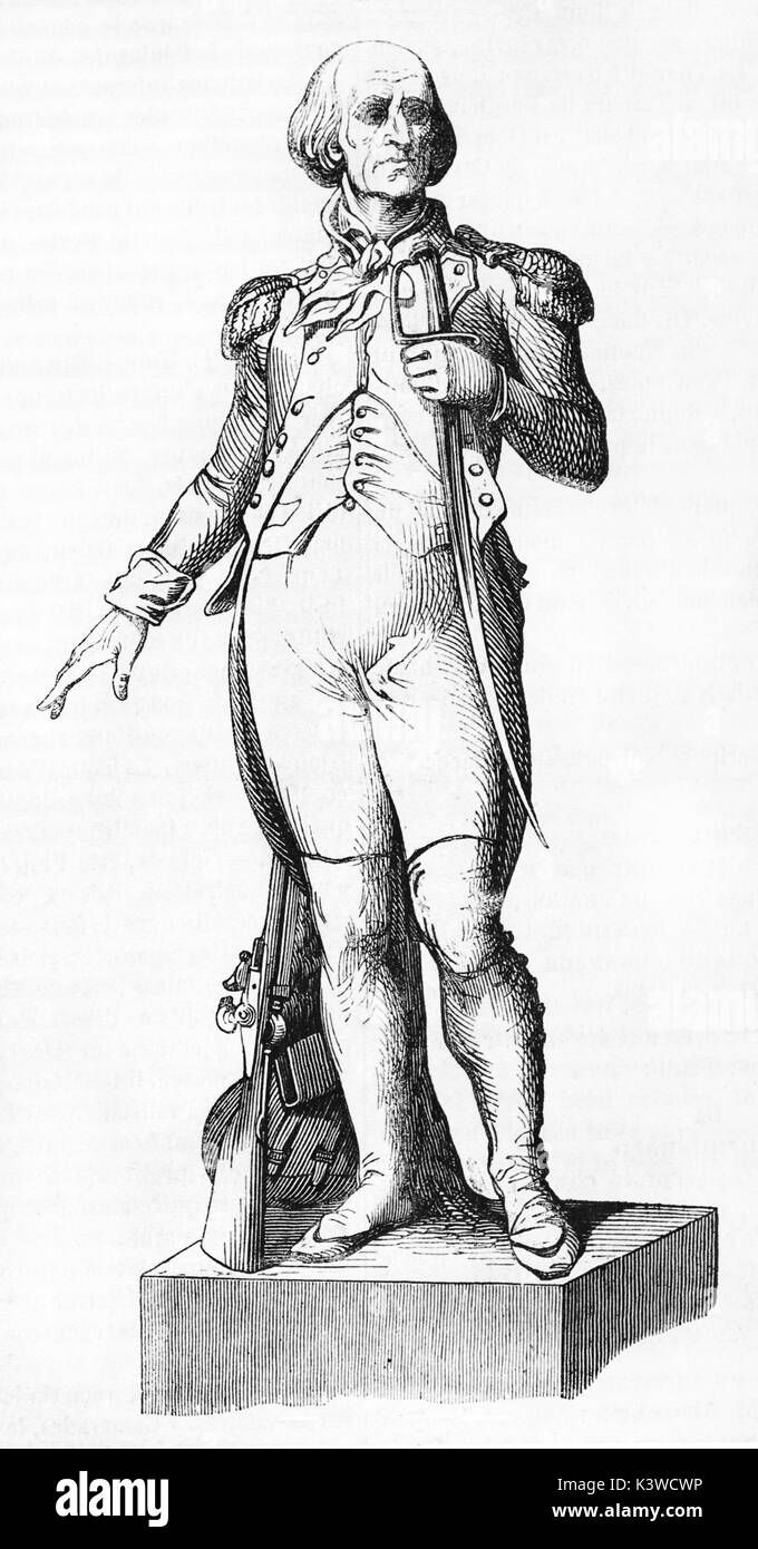 Old illustratione of the statue of Teophile-Malo de la Tour d'Auvergne-Corret (1743 - 1800), first grenadier of France. After bronze statue of Marocchetti, publ. on Magasin Pittoresque, Paris, 1841 Stock Photo