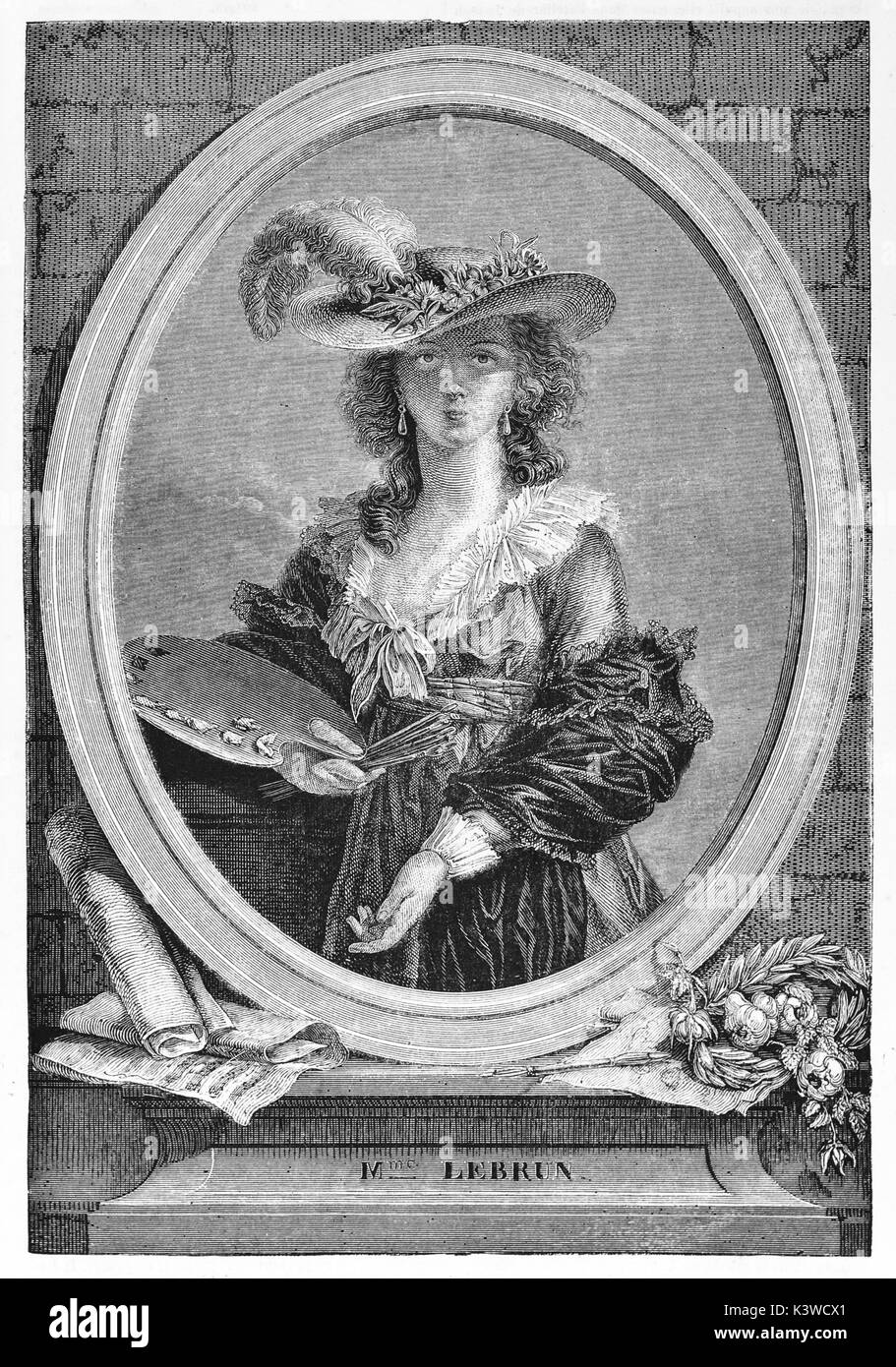 Old engraved self-portrait in a straw hat of Madame Lebrun (Louise Elisabeth Vigée Le Brun, 1755 – 1842), French painter. After herself, published on Magasin Pittoresque, Paris, 1841 Stock Photo