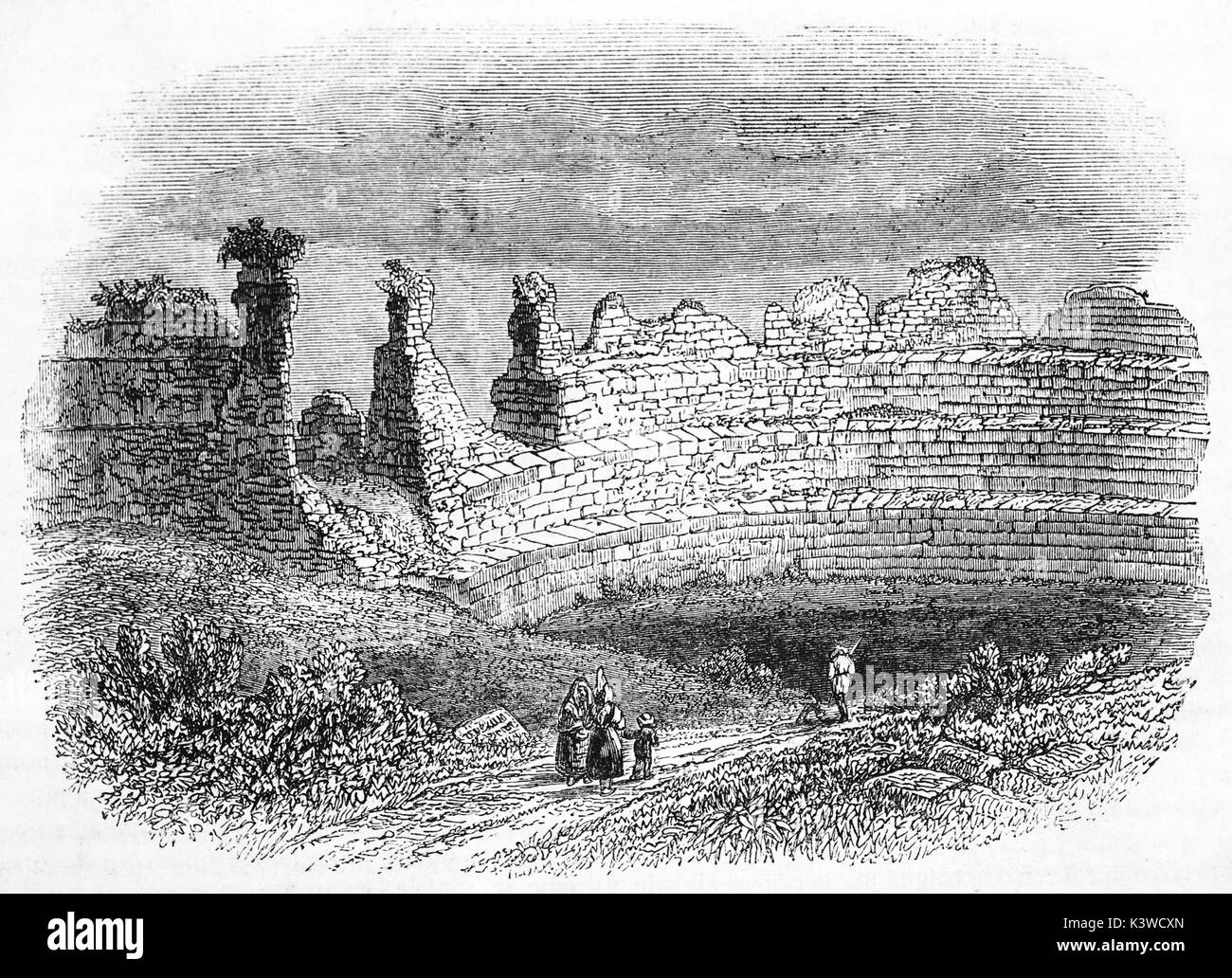Old view of Lillebonne roman theater, France. By unidentified author, published on Magasin Pittoresque, Paris, 1841 Stock Photo