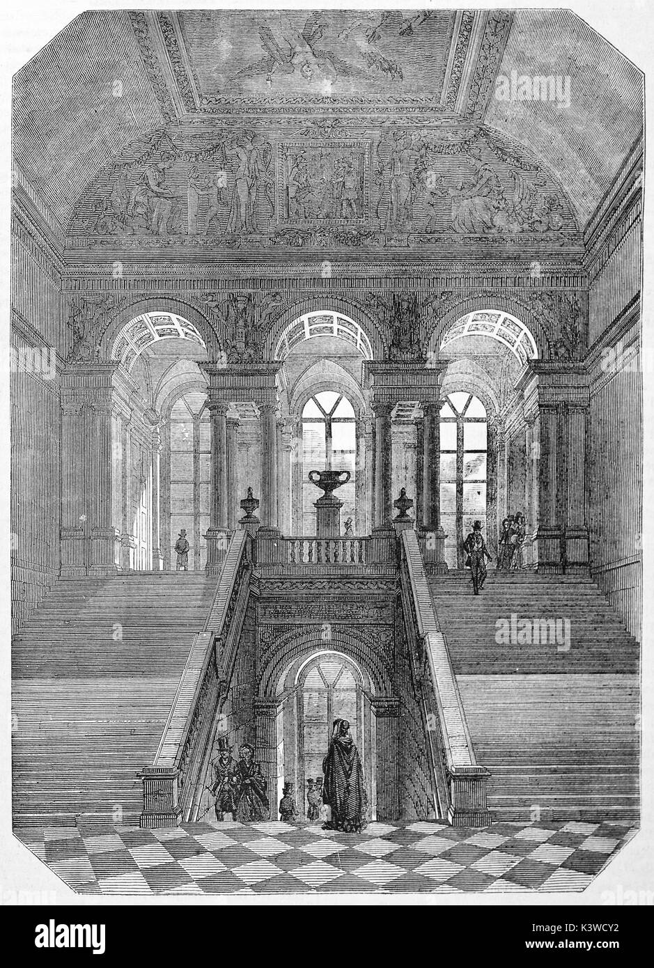 Old illustration of Louvre palace staircase. Created by D'Arnout, published on Magasin Pittoresque, Paris, 1841 Stock Photo