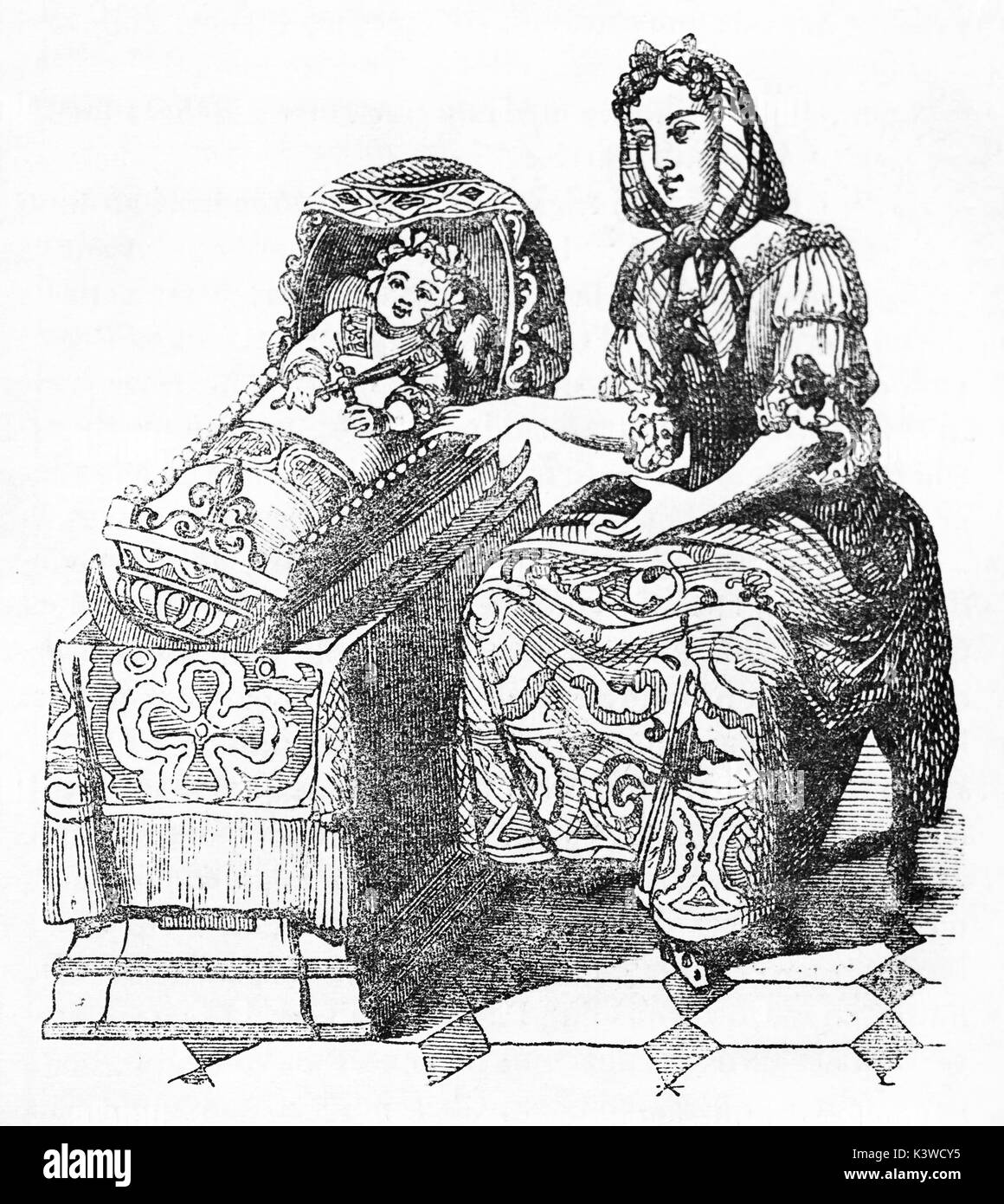 Old illustration of a woman singing a lullaby to a baby while rocking in the cradle. By unidentified author, published on Magasin Pittoresque, Paris, 1841 Stock Photo
