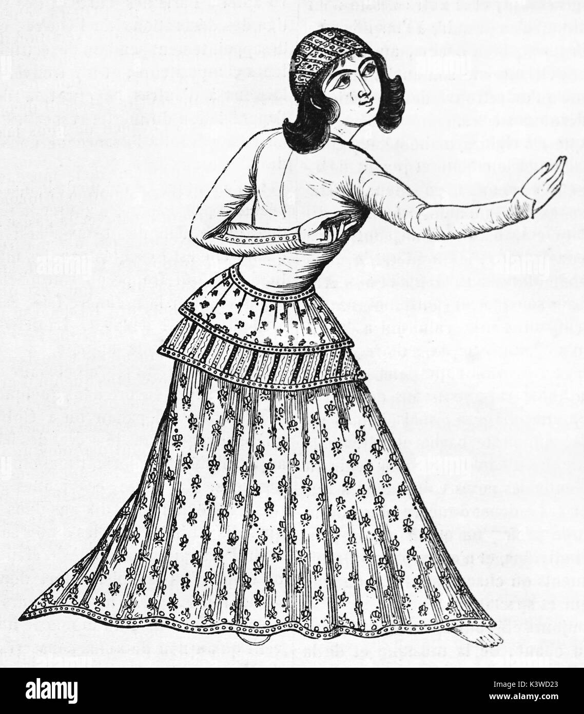 Old illustration of a Persian dancer. By unidentified author, after antique persian miniature, published on Magasin Pittoresque, Paris, 1841 Stock Photo