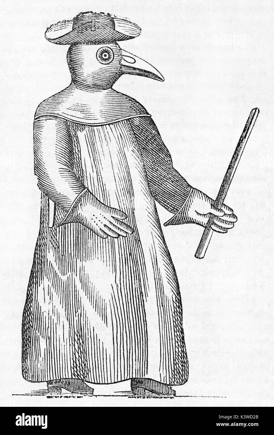 Old illustration of a plague doctor wearing a protective suit. By unidentified author, published on Magasin Pittoresque, Paris, 1841 Stock Photo