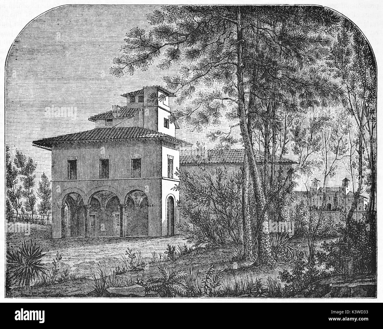 Old illustration of Casina di Raffaello (Raphael's cottage) in Villa Borghese, Rome. By unidentified author, published on Magasin Pittoresque, Paris, 1841 Stock Photo