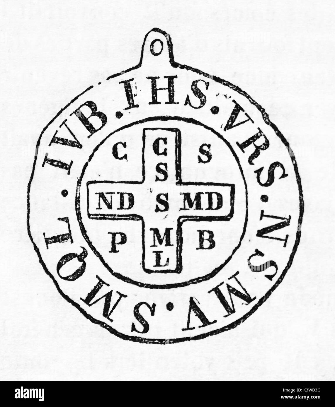 Old illustration of Saint Benedict medal. By unidentified author, published  on Magasin Pittoresque, Paris, 1841 Stock Photo - Alamy