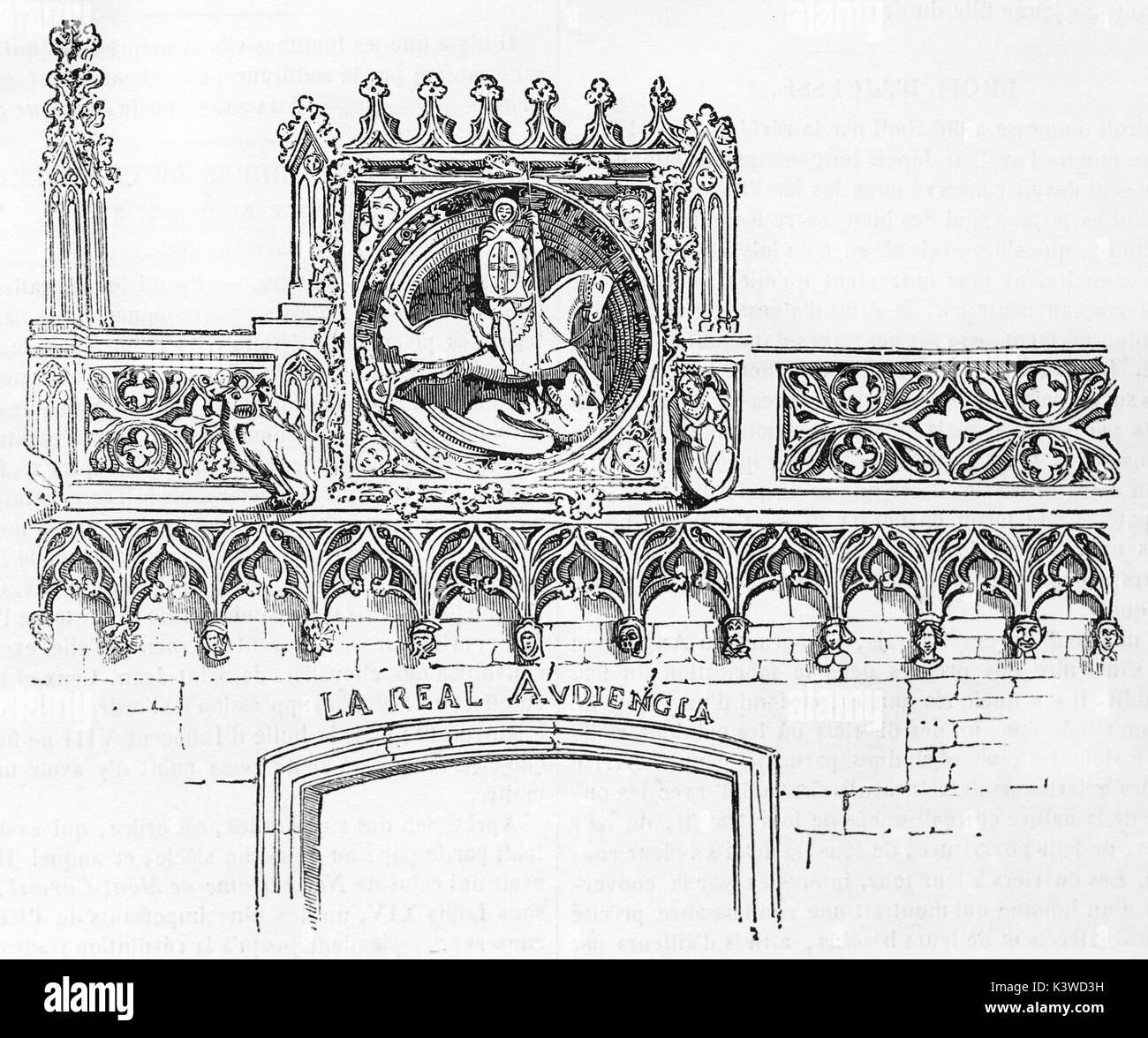 The entry door of the Palace of the Generality in Barcellona, with Saint George sculpture by Pere Johan (1394 ? - 1458). By unidentified author, published on Magasin Pittoresque, Paris, 1841 Stock Photo