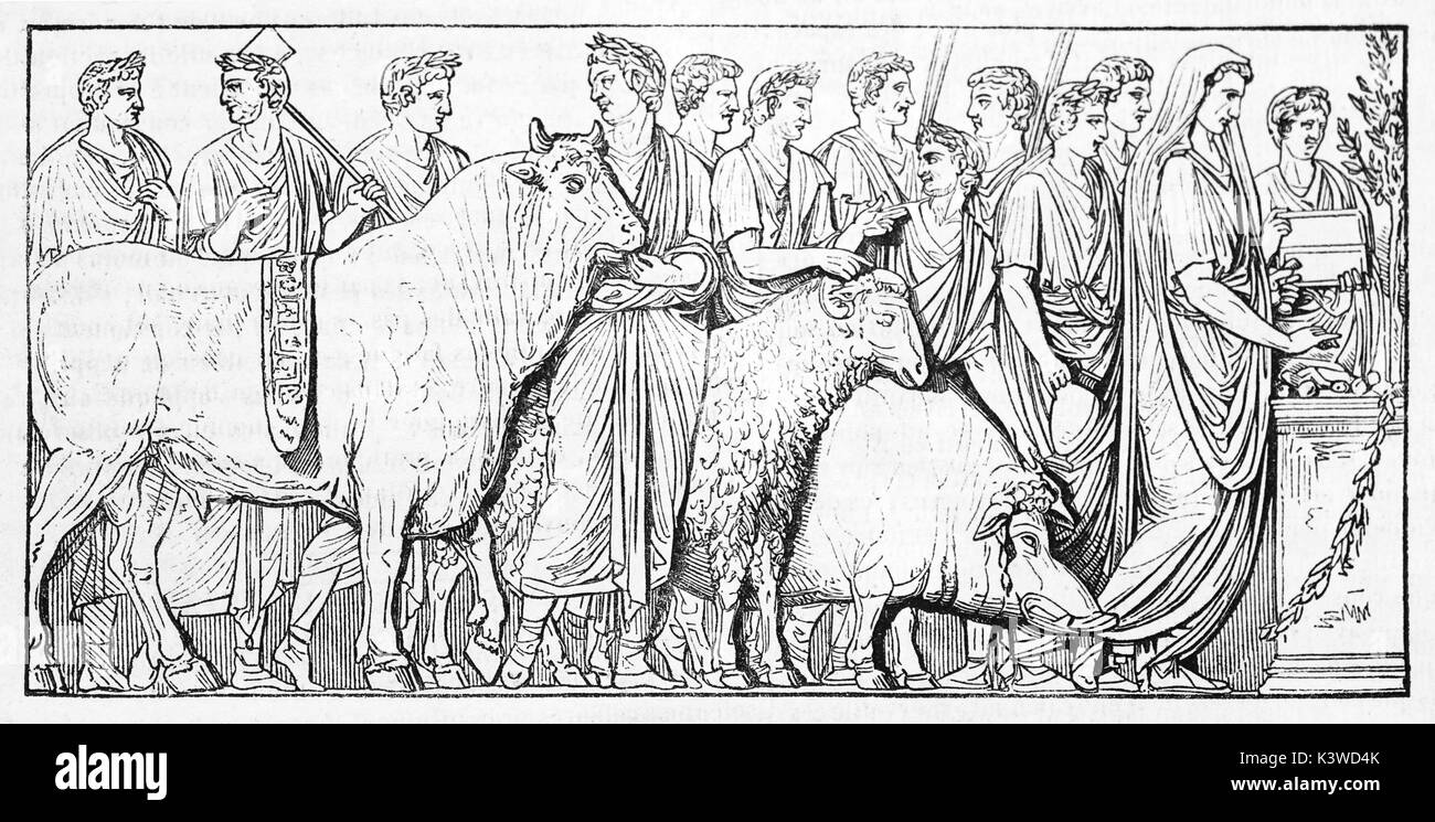 Bas relief of Souvetaurilia scene (Roman religion sacrifice of a bull, a pig and a sheep to the deity Mars) kept in Luovre museum. By unidentified author, published on Magasin Pittoresque, Paris, 1841 Stock Photo