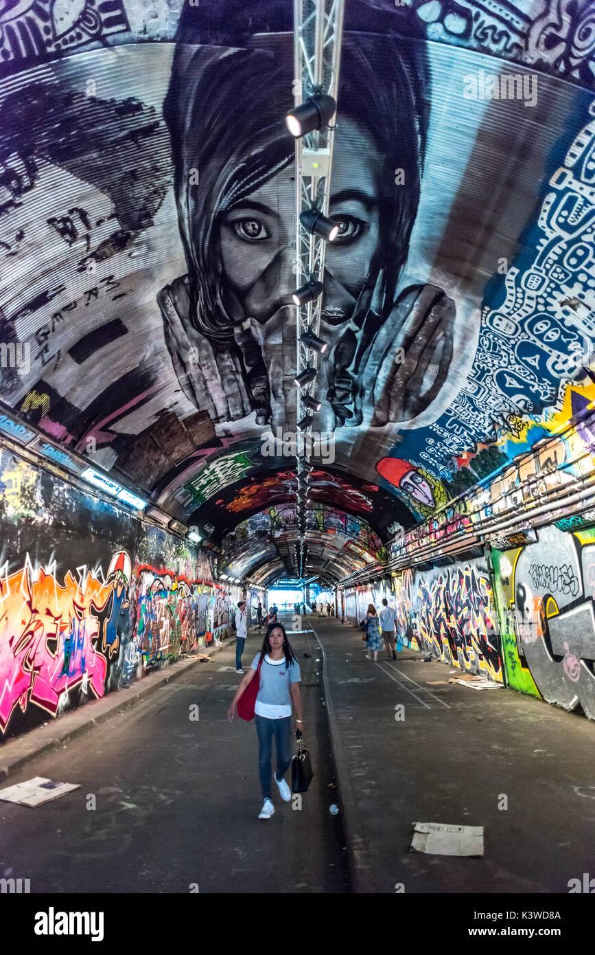 The graffiti tunnel underneath Waterloo Station at Lower Marsh in south London Stock Photo