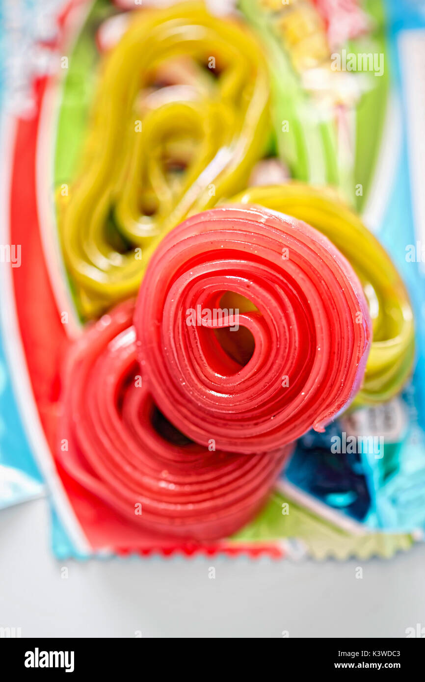Apple & strawberry fruit snack roll chew winders Stock Photo