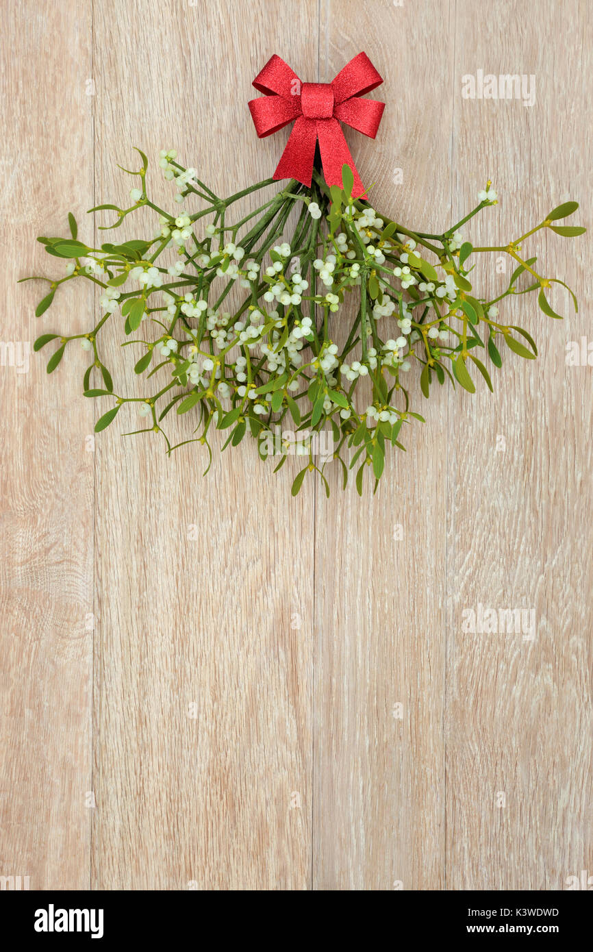 Christmas mistletoe bunch with red bow on light oak background. Stock Photo