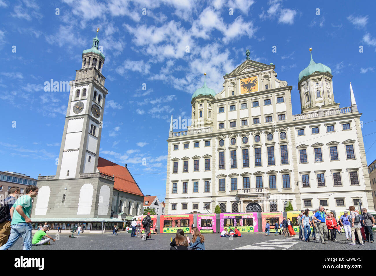 square Rathausplatz, tower Perlachturm, Town Hall, Augsburg, Schwaben, Swabia, Bayern, Bavaria, Germany Stock Photo