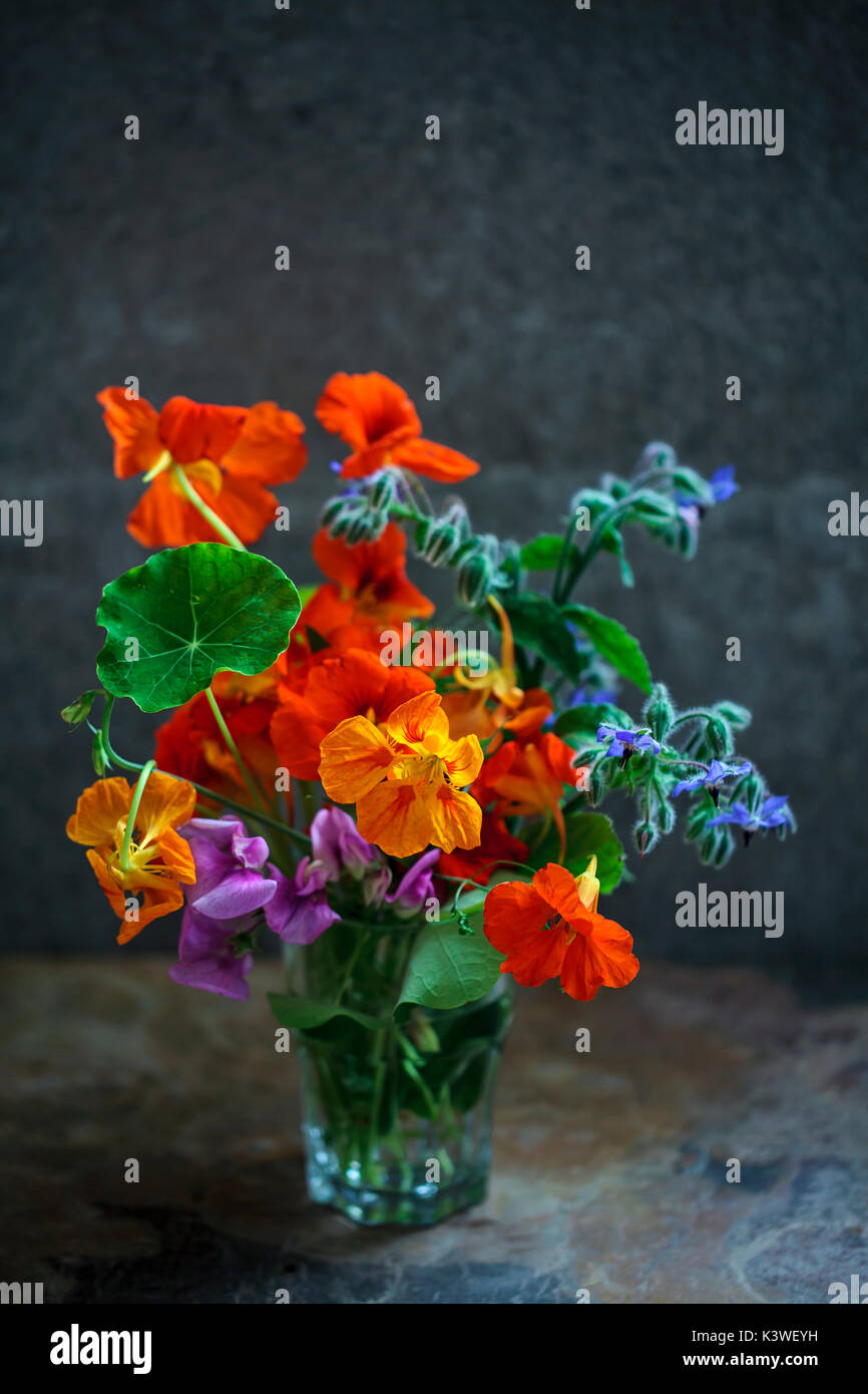 Bouquet Of Garden Flowers With Nasturtium Borage And Sweet Pea Stock Photo Alamy