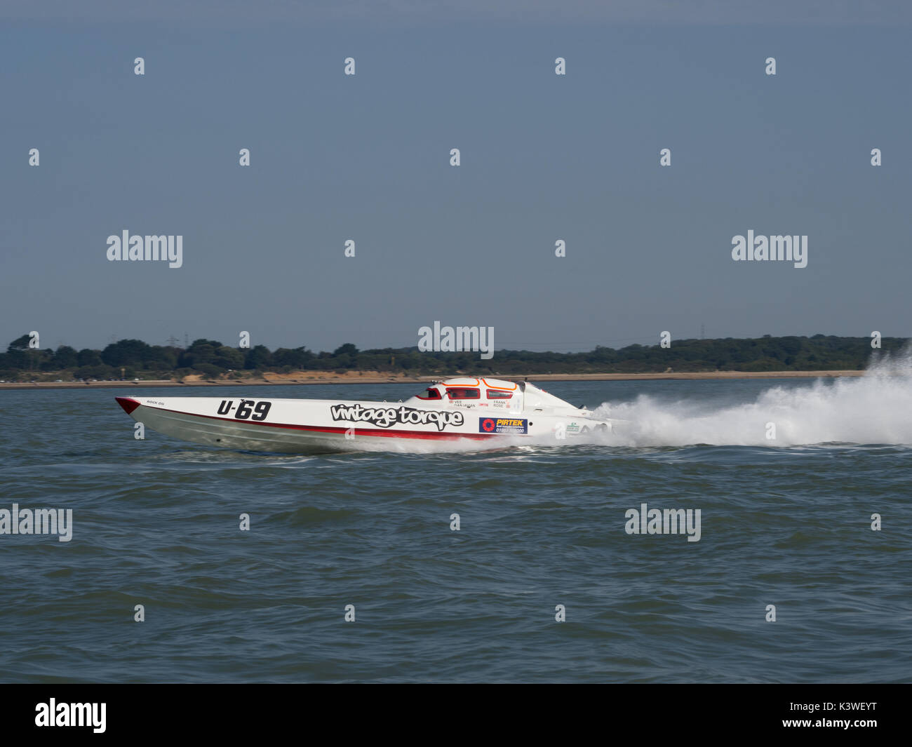 Vintage Torque speedboat on water Solent winner Power Boat Race Cowes Poole Cowes 2017 drivers Frank Rose and Vahid Ganjavian 69 Stock Photo