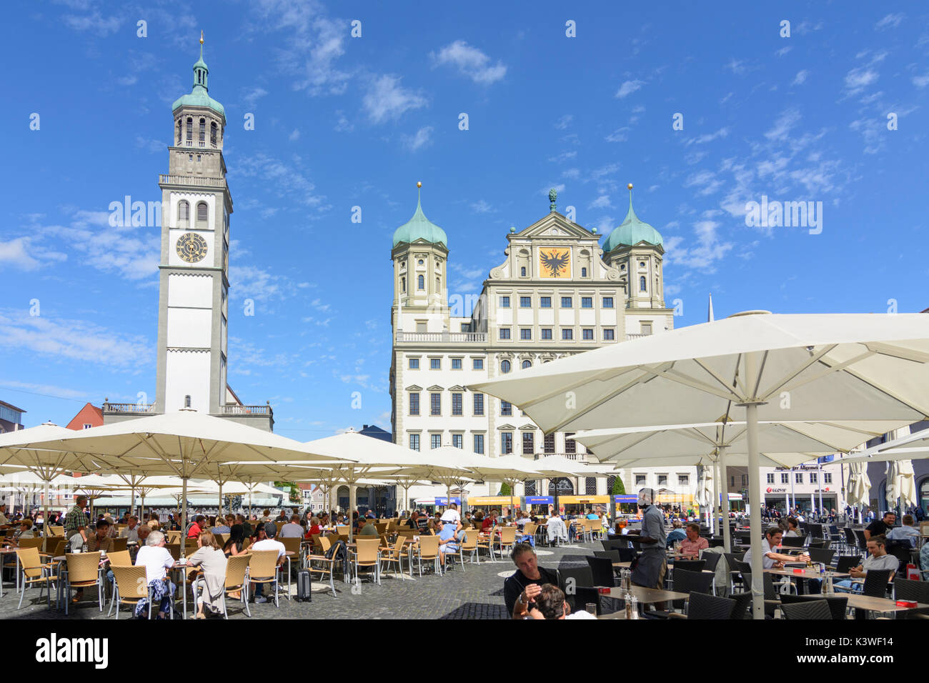 square Rathausplatz, tower Perlachturm, Town Hall, Augsburg, Schwaben, Swabia, Bayern, Bavaria, Germany Stock Photo