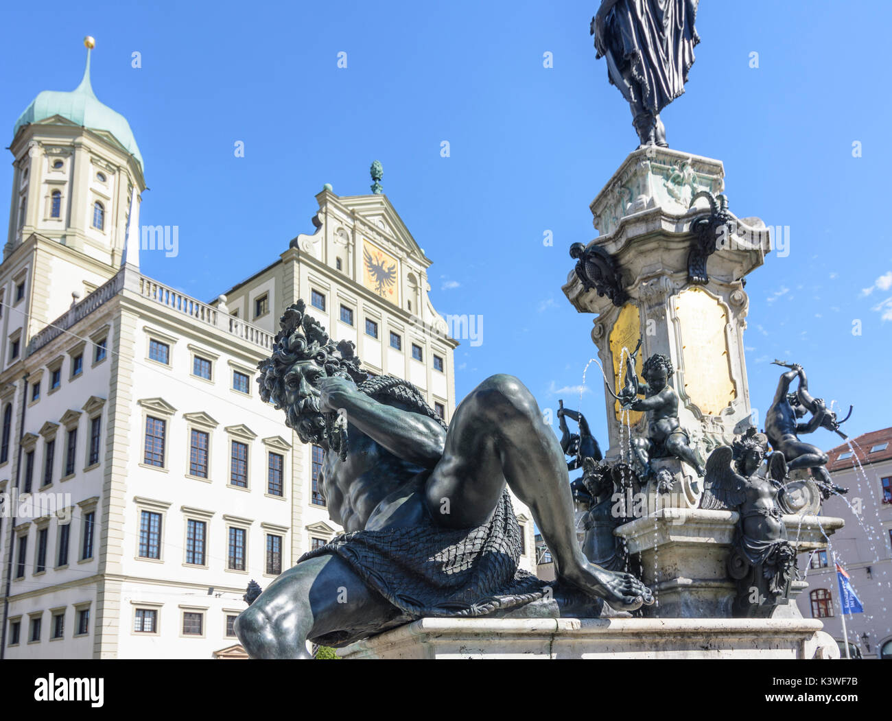 fountain Augustusbrunnen, square Rathausplatz, Town Hall, Augsburg, Schwaben, Swabia, Bayern, Bavaria, Germany Stock Photo