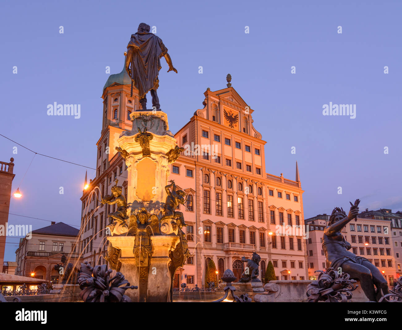 square Rathausplatz, fountain Augustusbrunnen, Town Hall, Augsburg, Schwaben, Swabia, Bayern, Bavaria, Germany Stock Photo