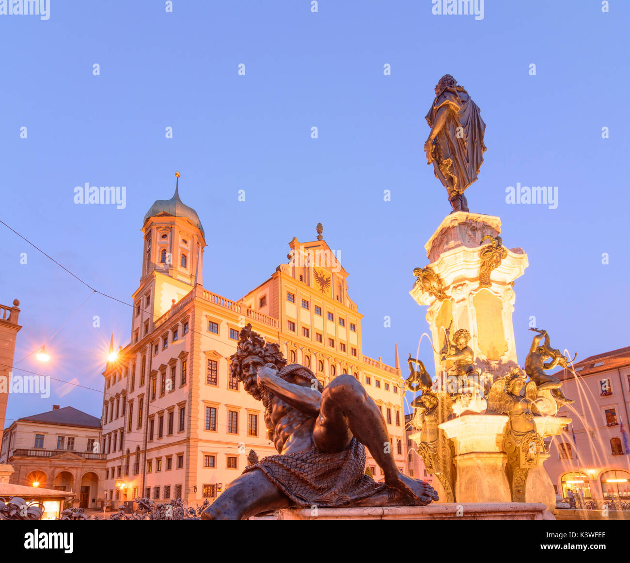 square Rathausplatz, fountain Augustusbrunnen, Town Hall, Augsburg, Schwaben, Swabia, Bayern, Bavaria, Germany Stock Photo