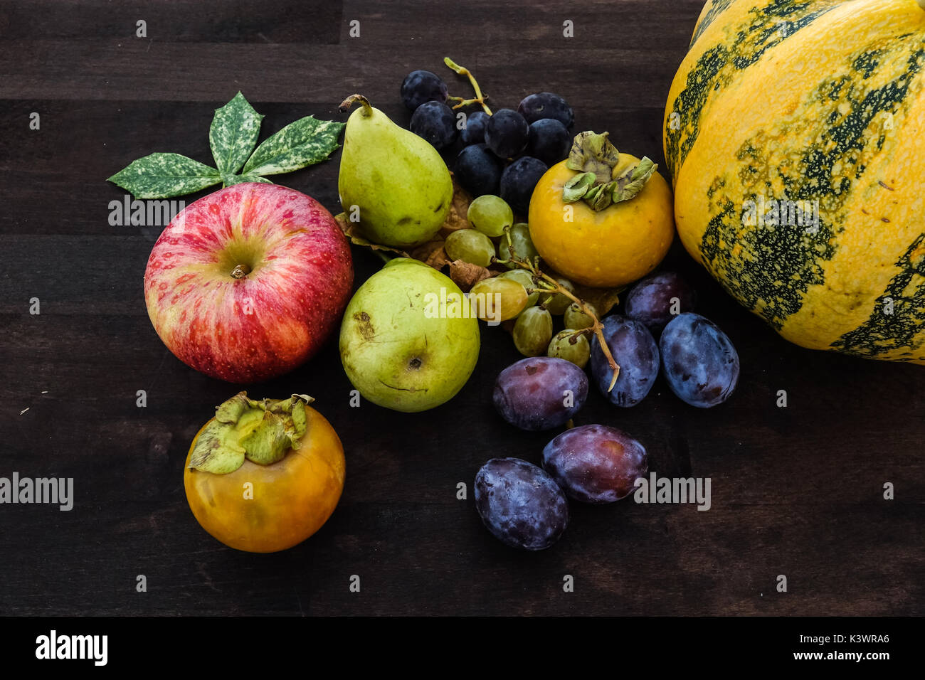 fresh and beautiful fruits and vegetables with autumn pumpkin pumpkins ...