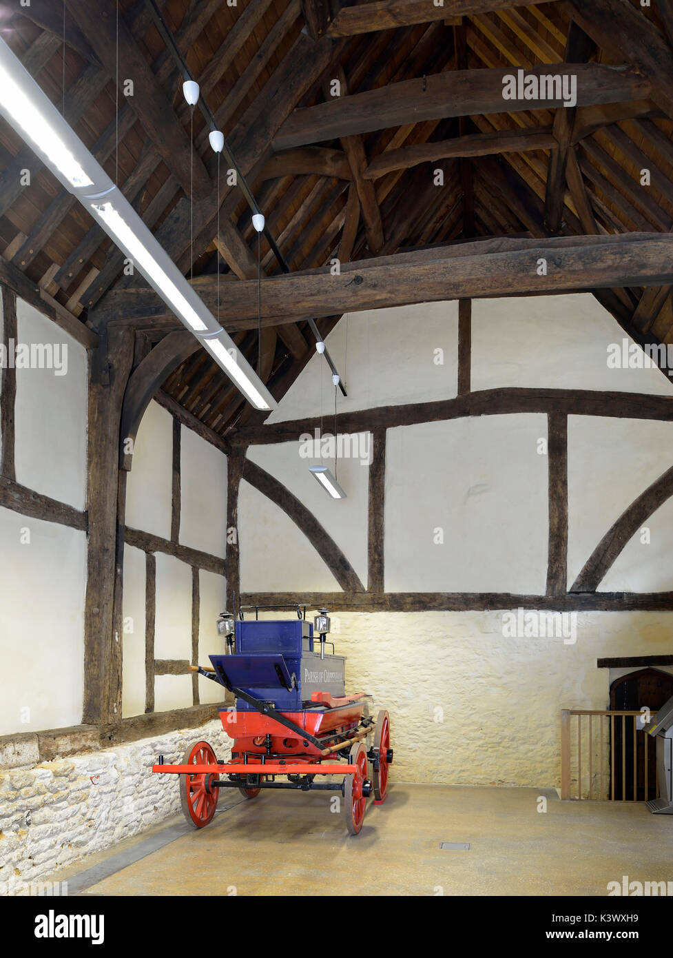 Interior of 15th century Yelde Hall, with restored 1842 Merryweather Fire Engine , Chippenham, Wiltshire Stock Photo