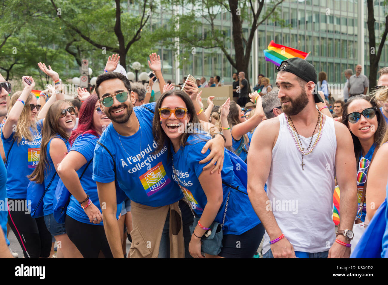 Montreal, CANADA - 20 August 2017: People smiling and posing for the camera at Montreal Gay Pride Parade Stock Photo