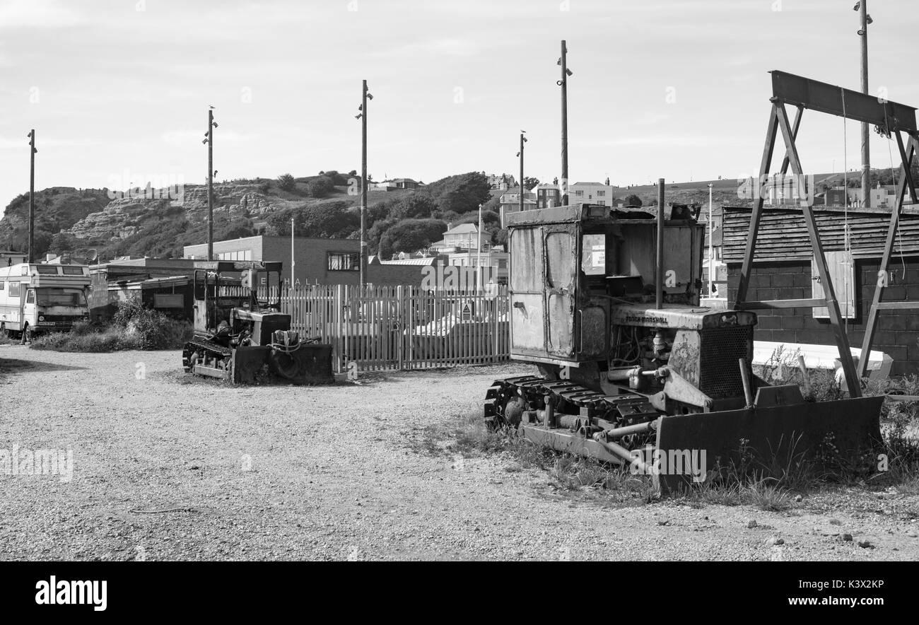 Trackmaster bull-doser used for dragging in fishing boats onto Hastings beach. Stock Photo