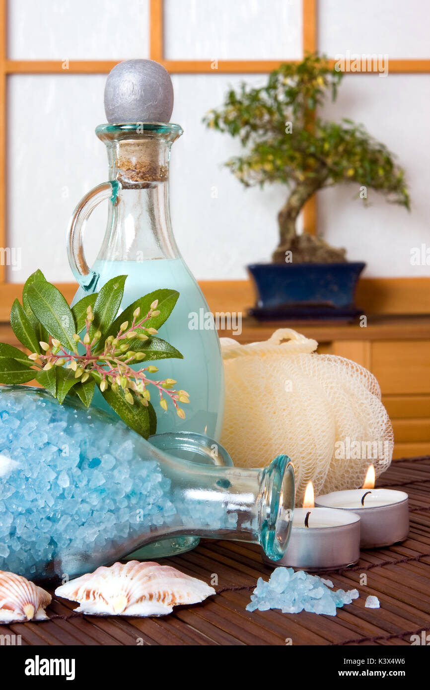 Spa bath products and bonsai tree against a japanese traditional shoji  window Stock Photo - Alamy