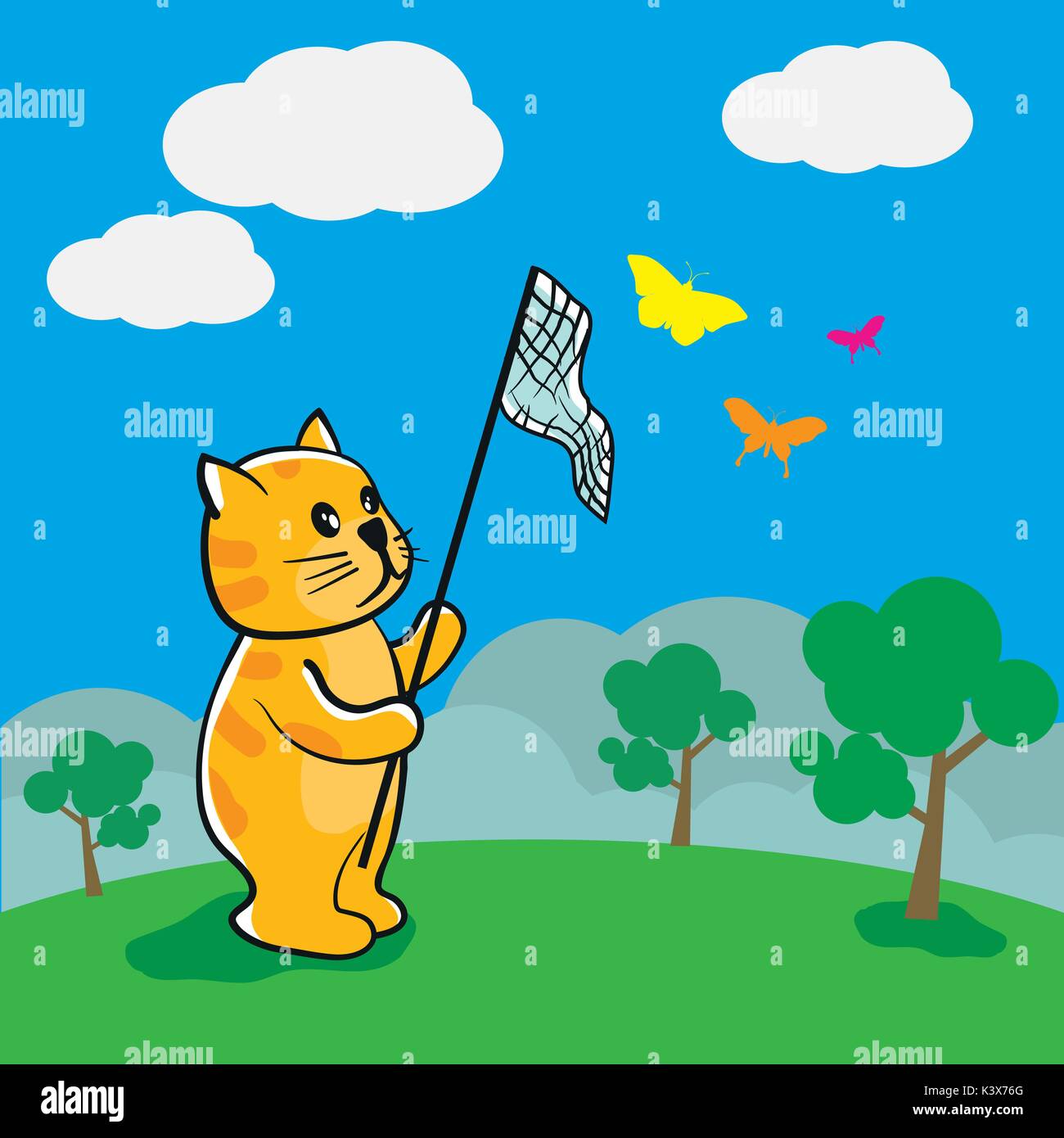 Cartoon cute Cat is catching butterflies vector illustration Stock ...