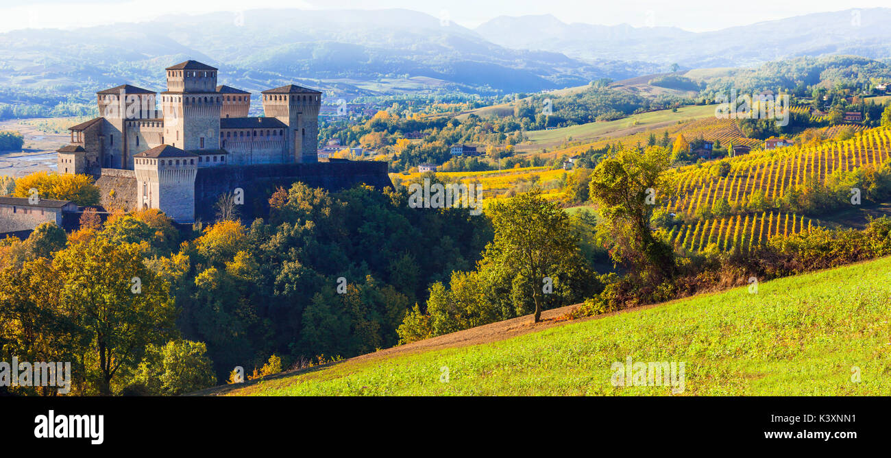 Impressive Torrechiara medieval castle,Emilia Romagna,Italy. Stock Photo