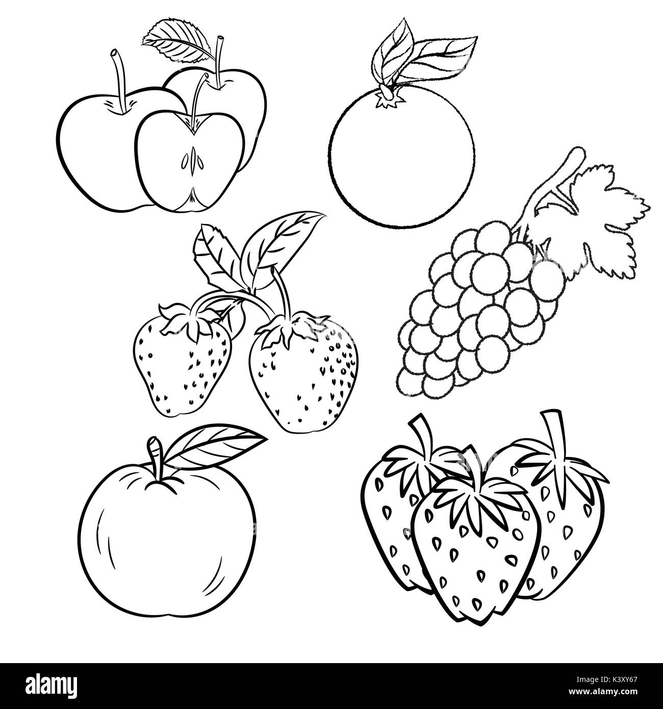 Hand drawn set of different fruits with apple, strawberry, orange and grape. Vintage hand drawn sketch, vector illustration. Linear graphic. Stock Vector
