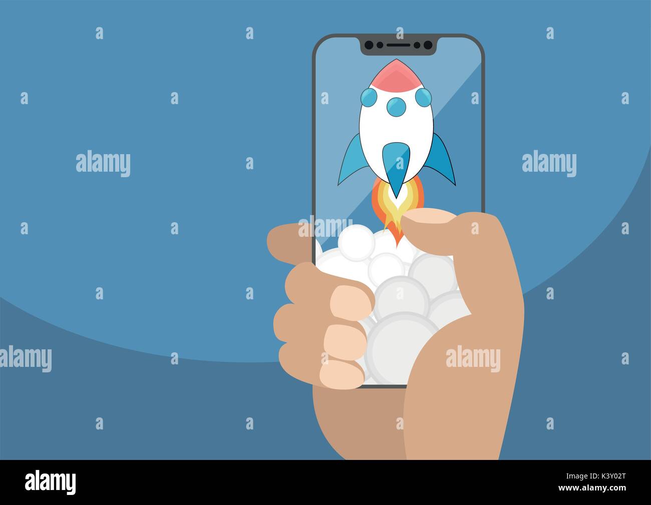 Cartoon rocket launching from frameless touchscreen with smoke. Vector illustration of hand holding modern bezel free smartphone. Stock Vector