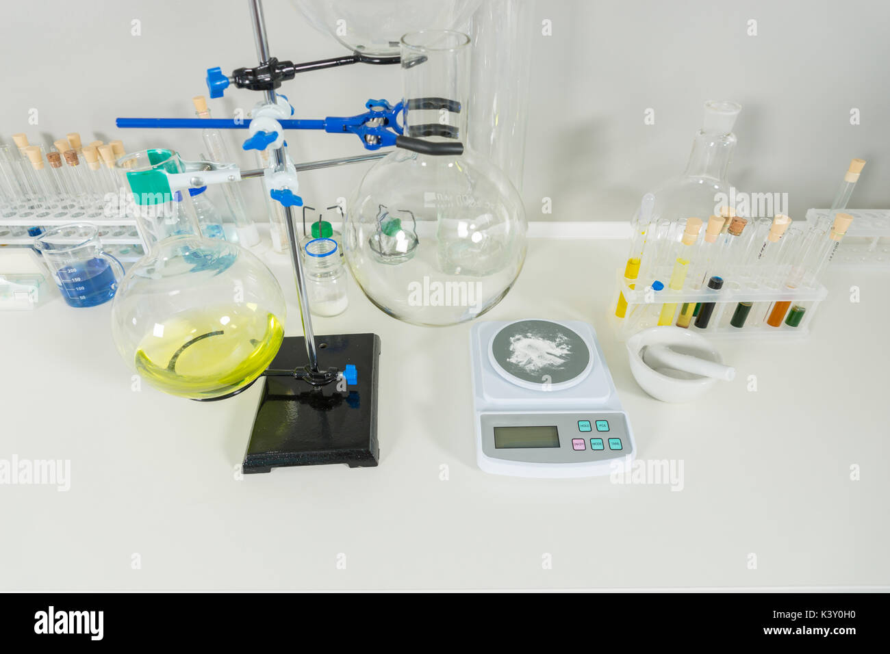 Chemical analysis glassware with measuring apparatus in laboratory