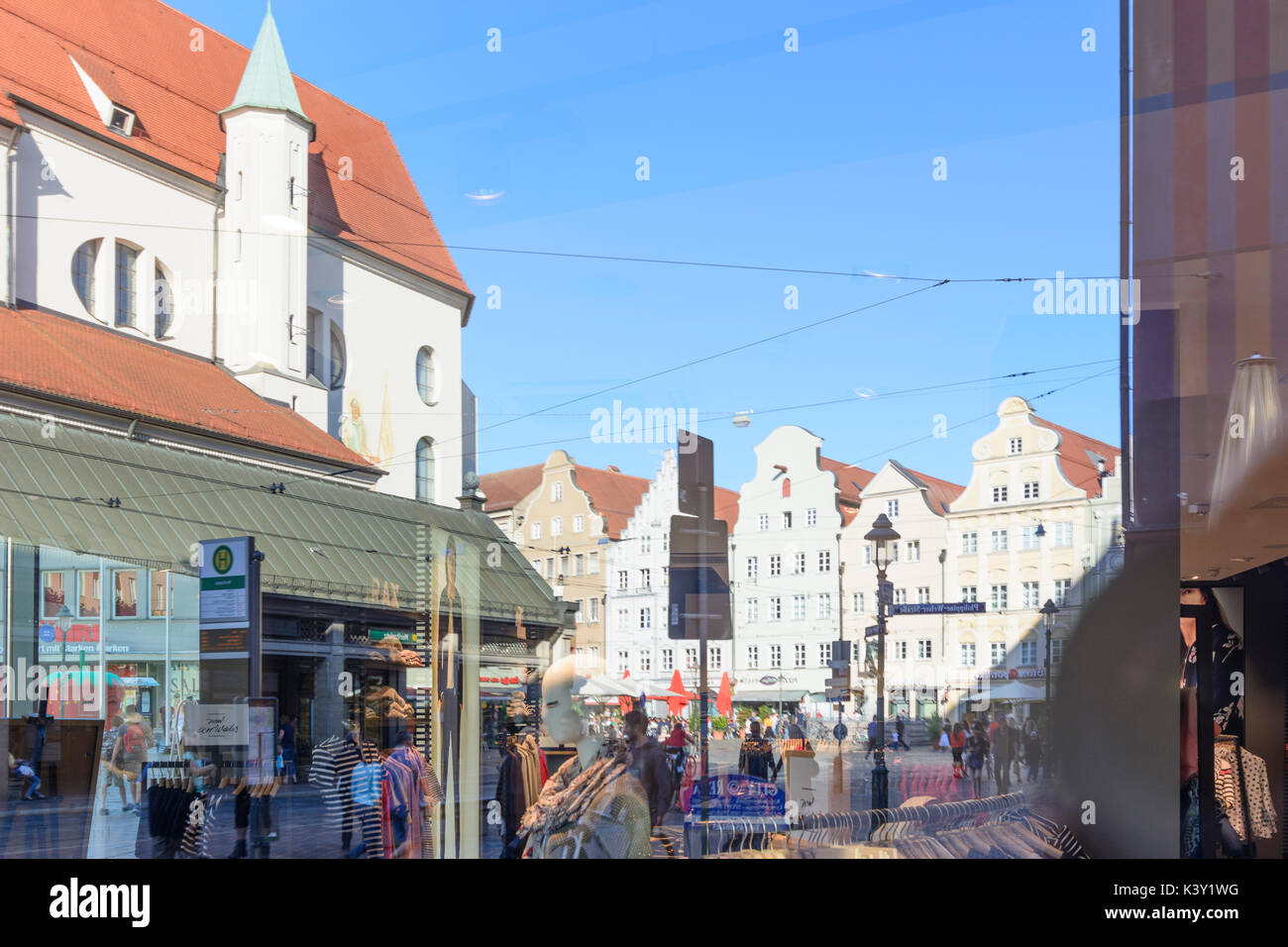 shop window mirror effect, square Moritzplatz, Augsburg, Schwaben, Swabia, Bayern, Bavaria, Germany Stock Photo
