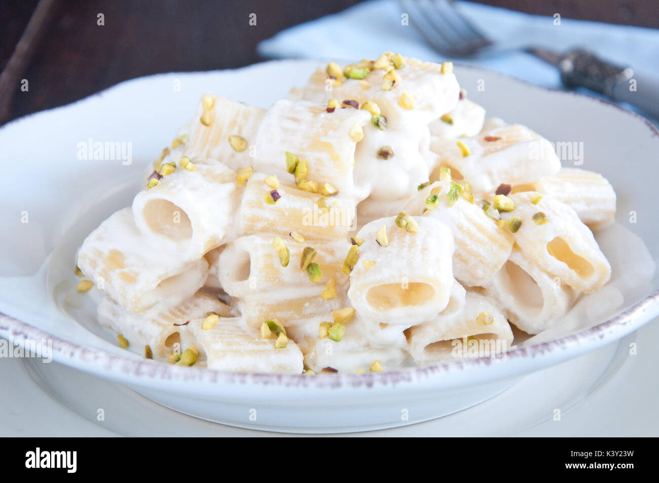 Pasta with fresh ricotta and pistachio grain,italy Stock Photo Alamy