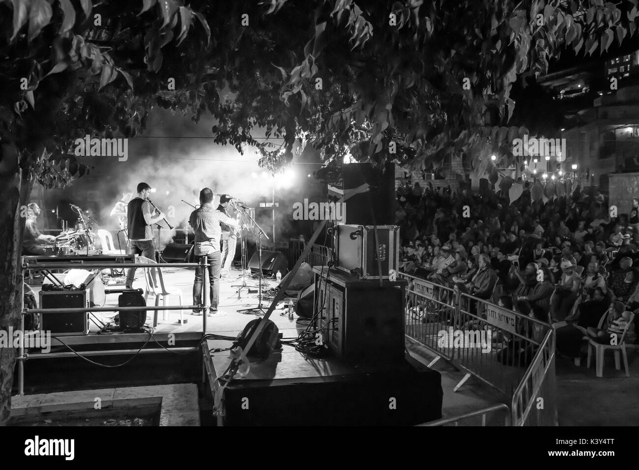 SAFED, ISRAEL - AUG 23, 2017: Group of musicians (Gute Gute) and crowd at the Klezmer Festival in Safed (Tzfat), Israel. Its the 30th annual tradition Stock Photo
