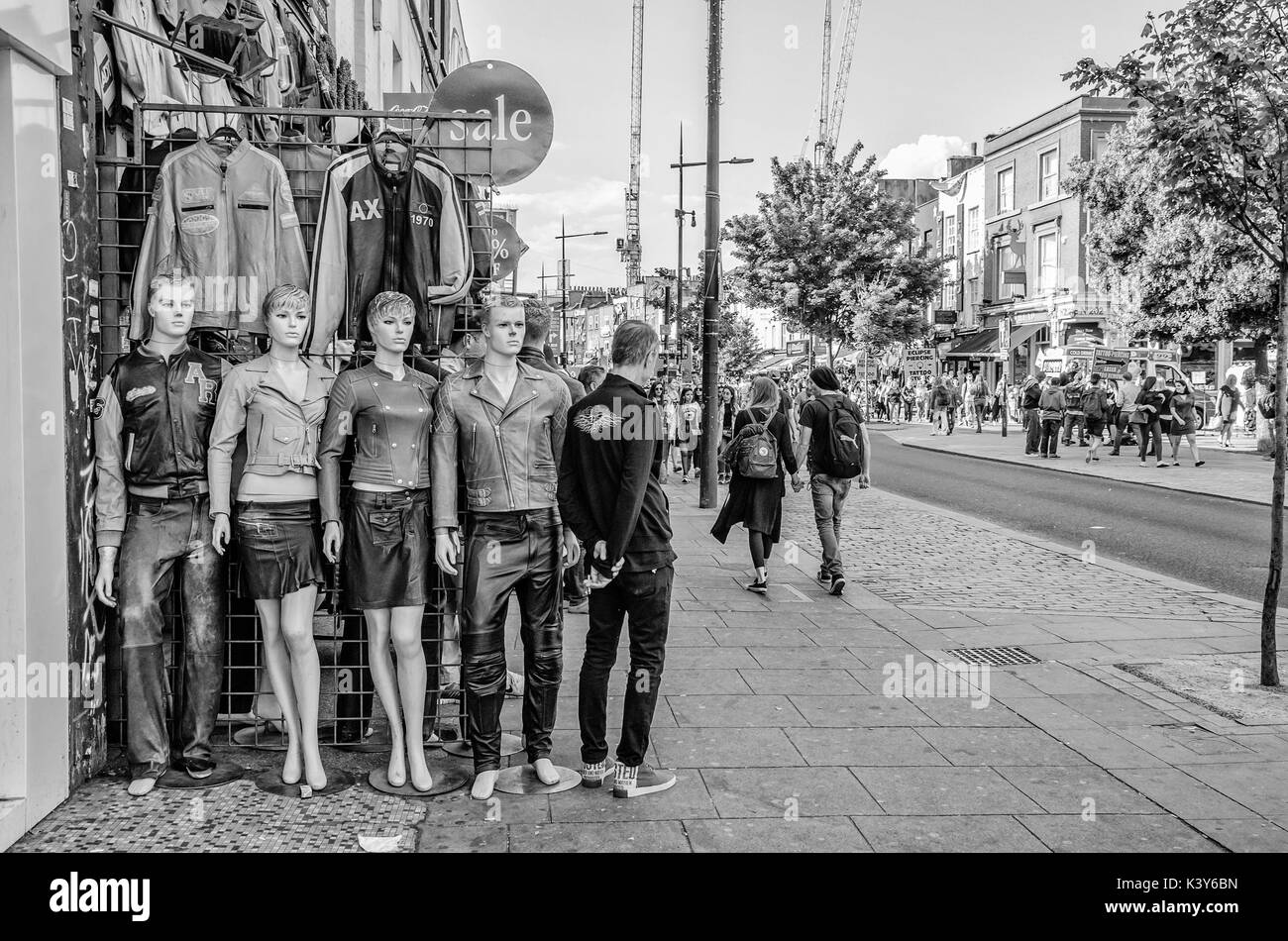 Mannequins on th epavement outside a store on Camden High Street in Camden Town, London. Stock Photo