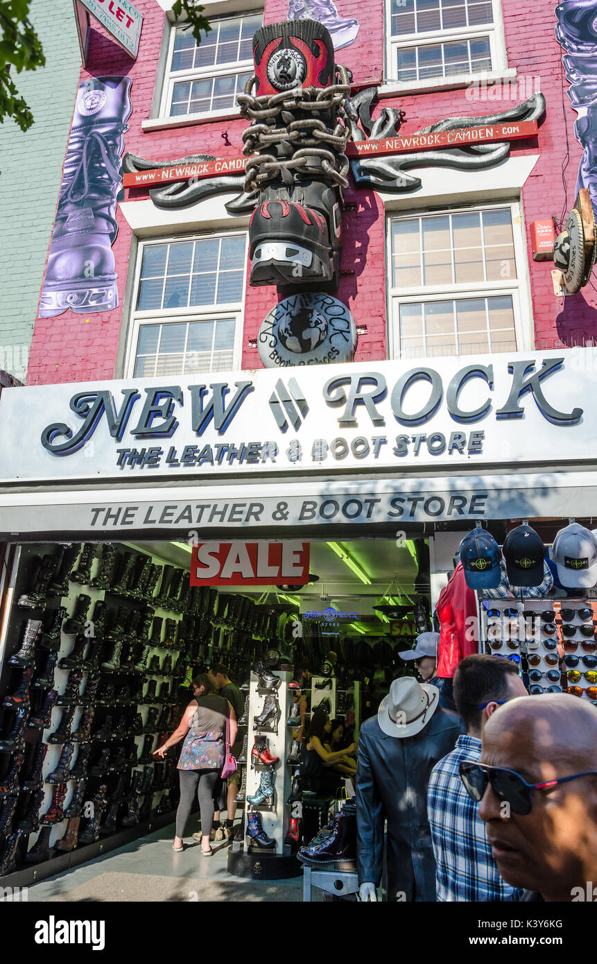 New Rock leather and boot store on Camden High Street features a large sculpture of a leather boot or shoe. Stock Photo