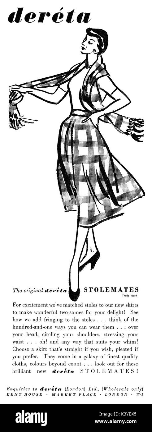 1950 British advertisement for Deréta Skirts and Stoles. Illustrated by Francis Marshall. Stock Photo