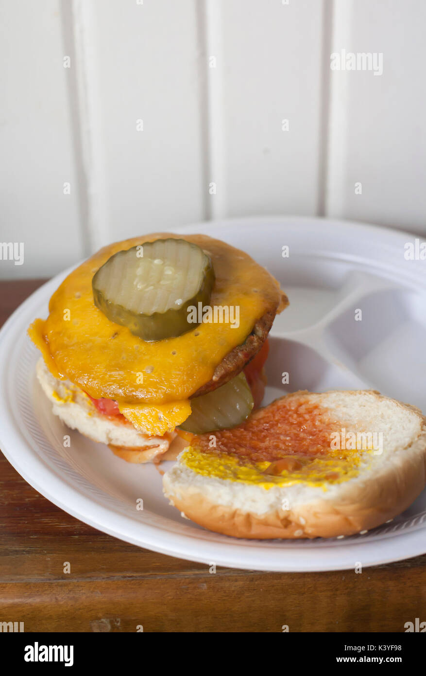 Veggie cheeseburger with pickles and ketchup Stock Photo