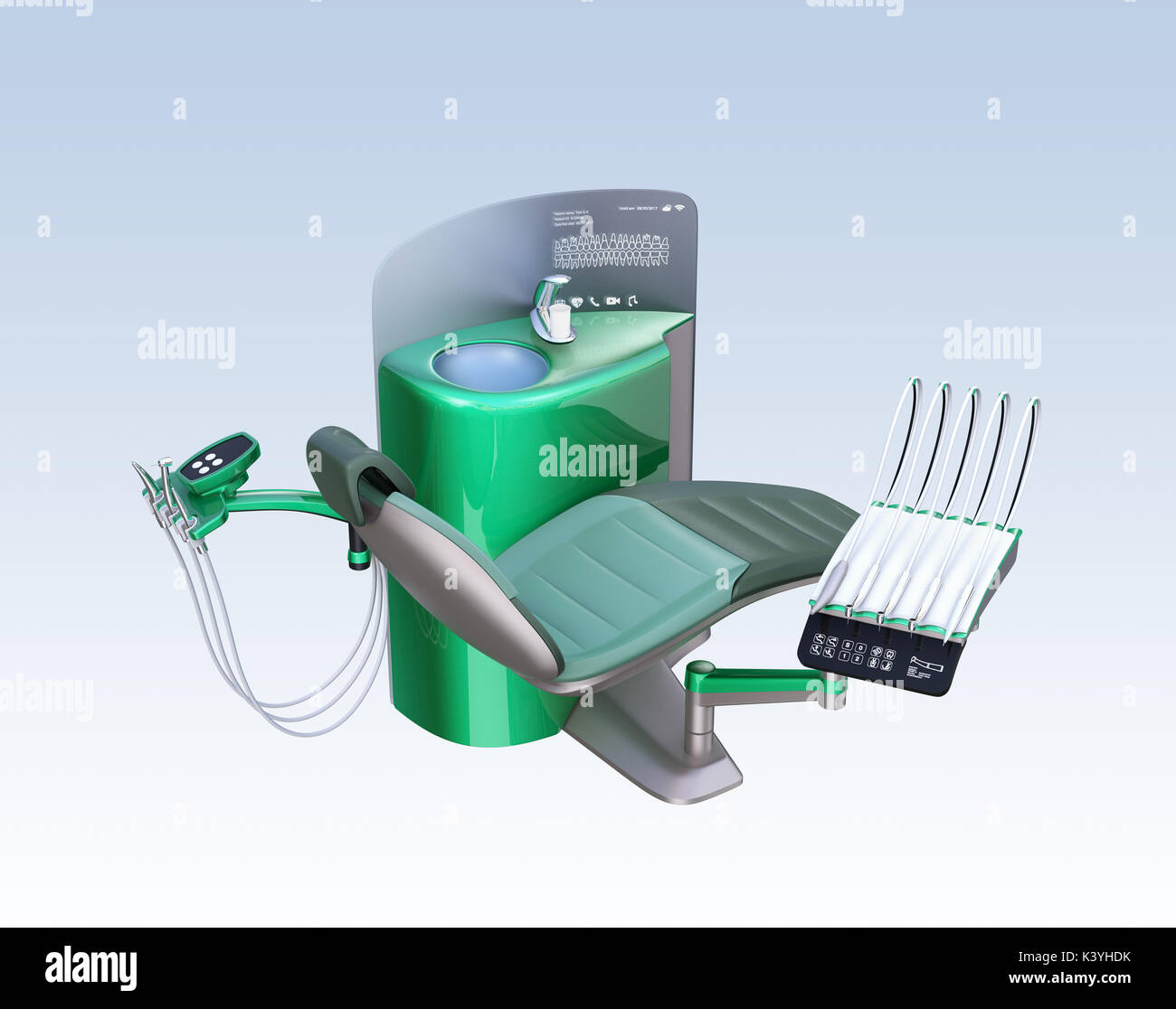 Metallic green dental unit equipment isolated on light blue background