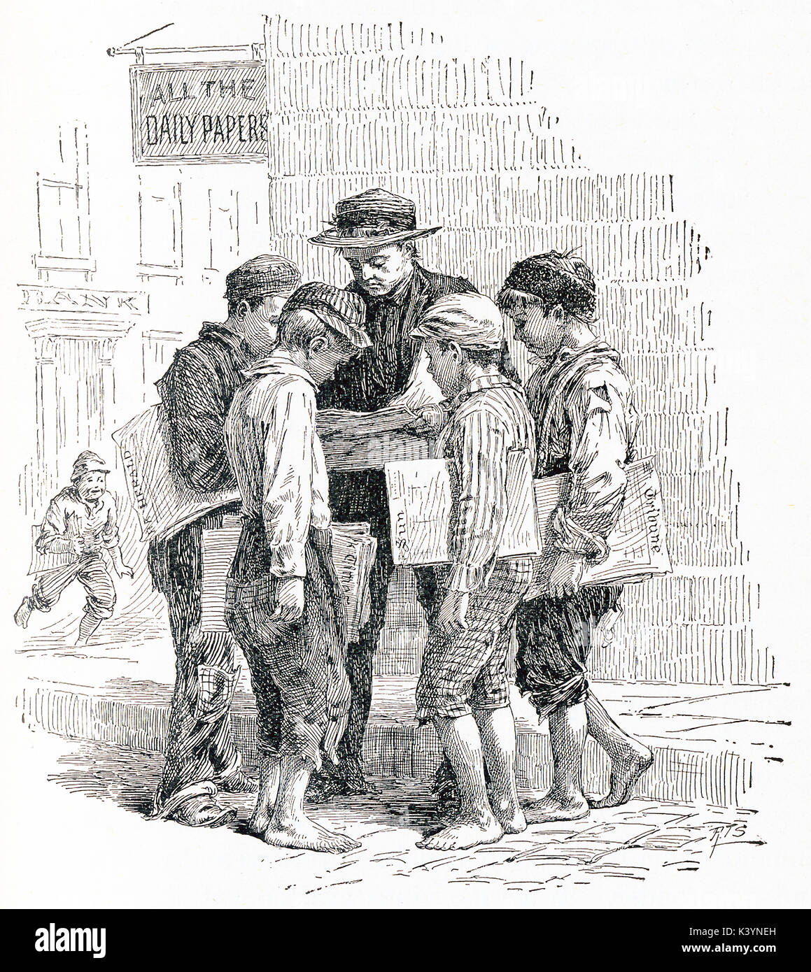This late 19th-century illustration shows paperboys in New York City. The caption reads:'Getting Points from the Last Edition.' Stock Photo