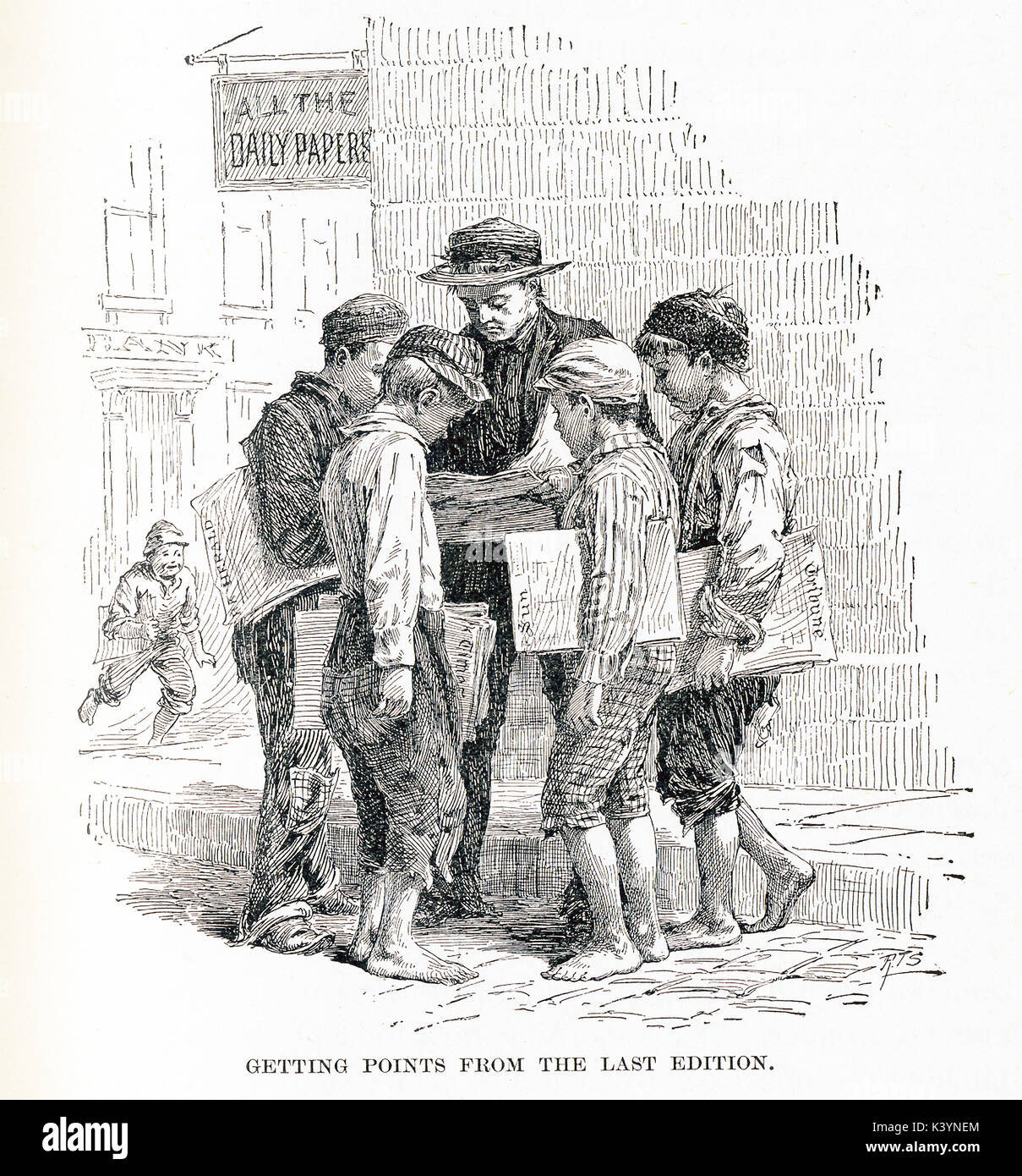This late 19th-century illustration shows paperboys in New York City. The caption reads:'Getting Points from the Last Edition.' Stock Photo