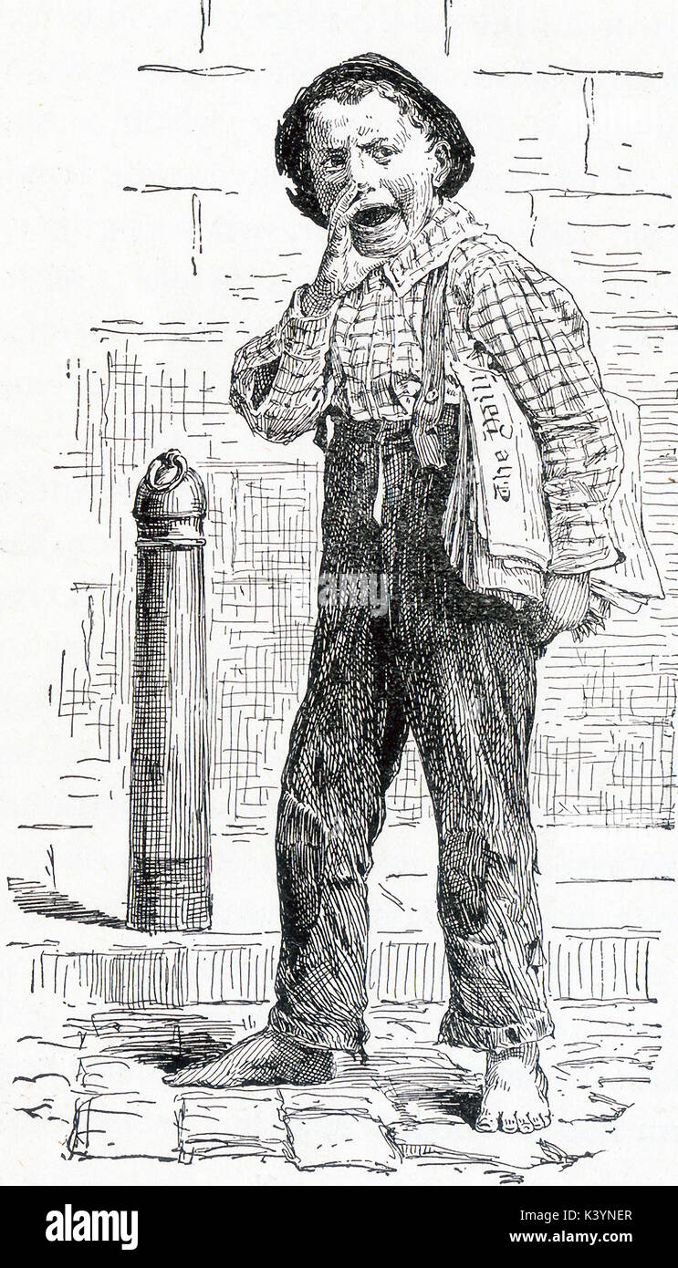 This late 19th-century illustration shows a paperboy in New York City. The caption reads: 'Ext-r-ah 'Dishun.' Stock Photo