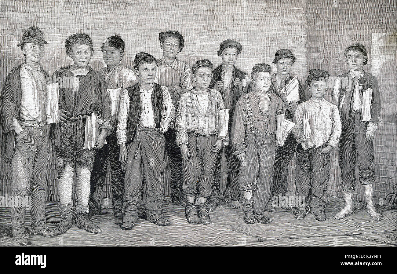 This late 19th-century illustration shows homeless boys in New York City. The caption reads: 'Waifs and Strays of a Great City. —A Group of Homeless New York Newsboys. The names of the boys are, right to left: Whitey, Dutchy, Yaller, Slobbery Jack,King of Bums, King of Crapshooters, Bumlets, Sheeny, The Snitcher, Snoddy, Kelly the Rake. Most of the boys who frequent the Newsboys Lodging Houses are waifs, pure and simple. They have never known a mother's or a father's care, and have no sense of identity. As a rule, they are known by nicknames, and then generally speak of each other only by thes Stock Photo