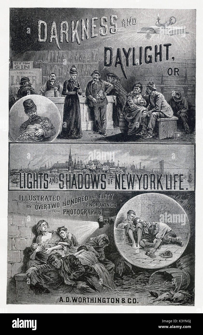 This late 19th-century illustration shows the opening illustration iin the book—Darkness and Daylight in New York (1899) by Helen Campbell (1918), Thomas W. Knox (1896),  and Thomas Byrnes (1910), published by  A.D. Worthington & Co. It focuses on homeless in New York City. Stock Photo